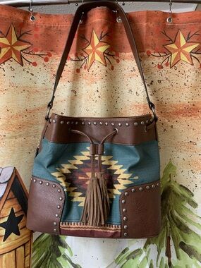 Nocona Brown & Teal Southwestern Tassel Bucket Shoulder Bag